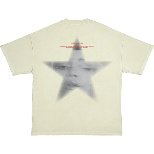 Beyoncé CCT Ghost Star tee front view with black CC horseshoe graphic on cream fabric