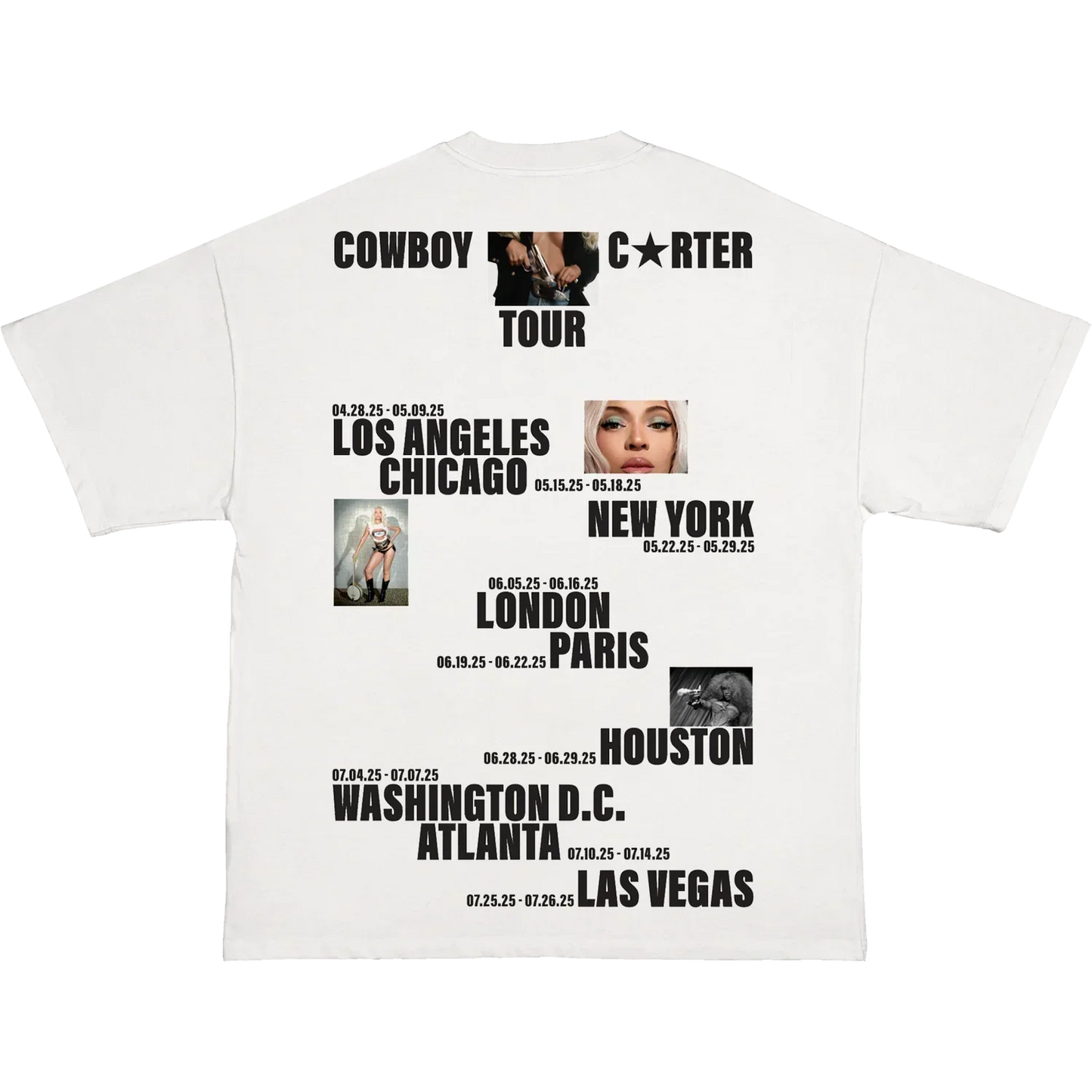 Beyoncé CCT Official Tour white tee back with Cowboy Carter city list and tour photo graphics