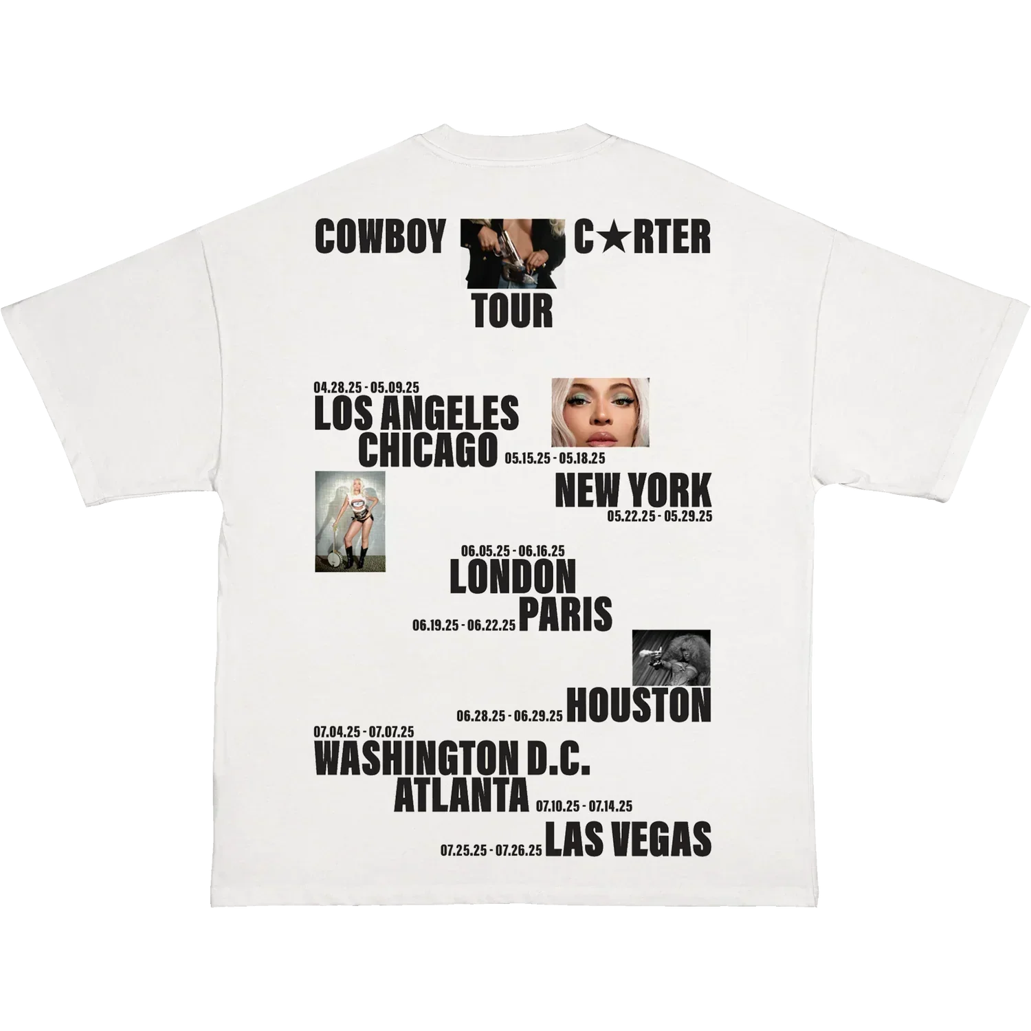 Beyoncé CCT Official Tour white tee back with Cowboy Carter city list and tour photo graphics