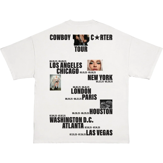 Beyoncé CCT Official Tour white tee back with Cowboy Carter city list and tour photo graphics