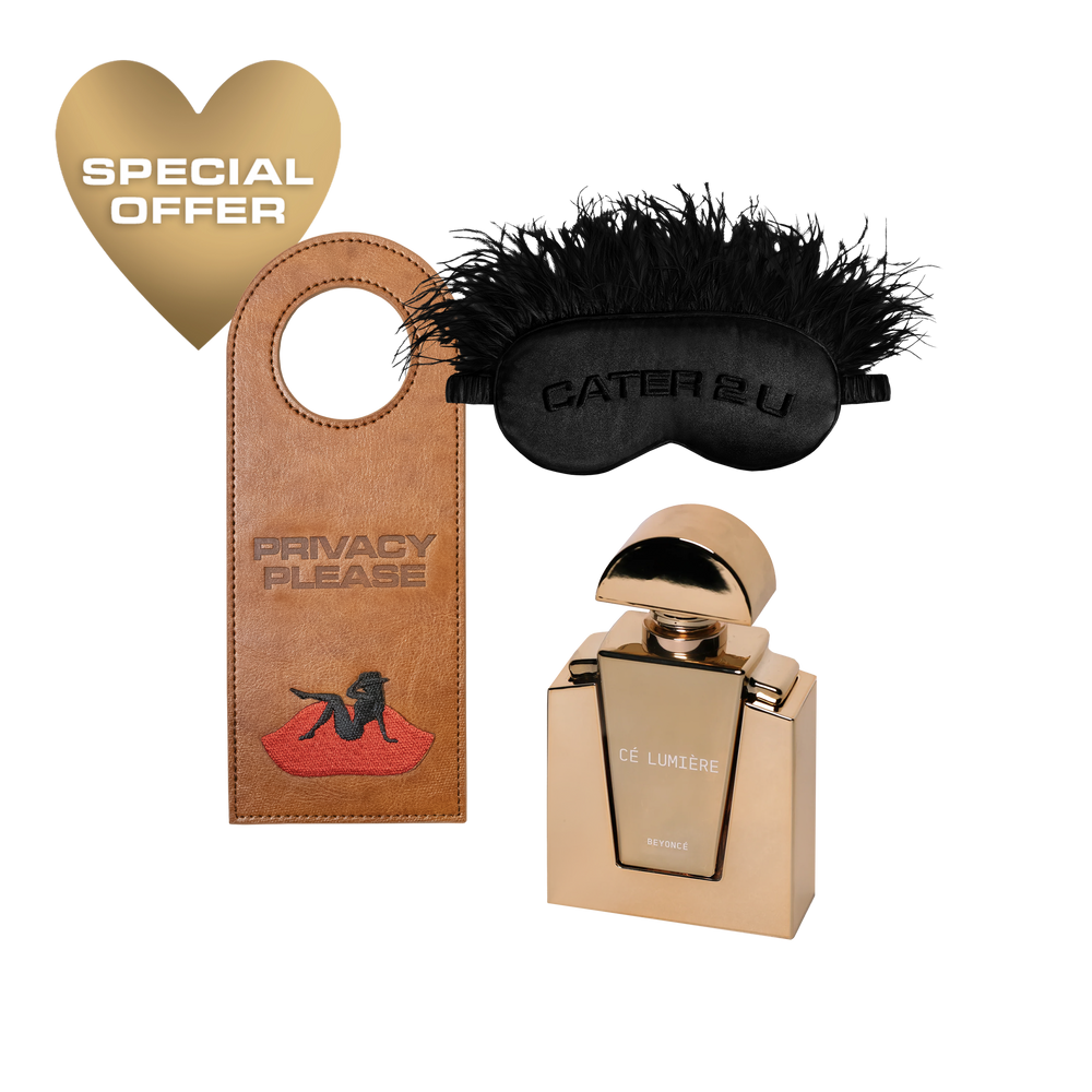 Beyoncé Cé Lumière Freakum bundle with perfume, sleep mask, privacy tag, and special offer heart