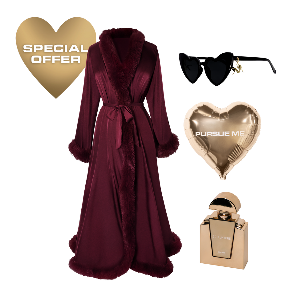 Cé Lumière XO bundle with robe, sunglasses, perfume, and heart graphics, Beyoncé merch set view