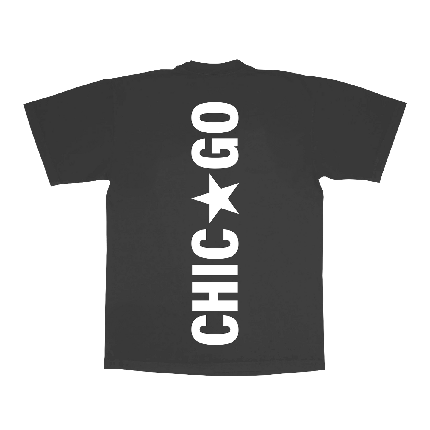 Grey Beyoncé merch CHI web exclusive tee back view with bold vertical Chicago star lettering