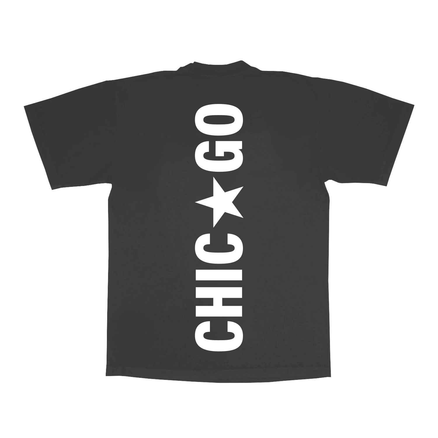 Grey Beyoncé merch CHI web exclusive tee back view with bold vertical Chicago star lettering