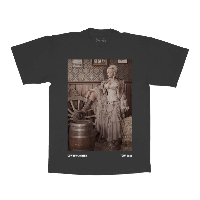 Grey Beyoncé merch CHI web exclusive tee front view with Cowboy Carter tour portrait graphic
