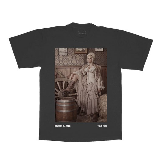 Grey Beyoncé merch CHI web exclusive tee front view with Cowboy Carter tour portrait graphic
