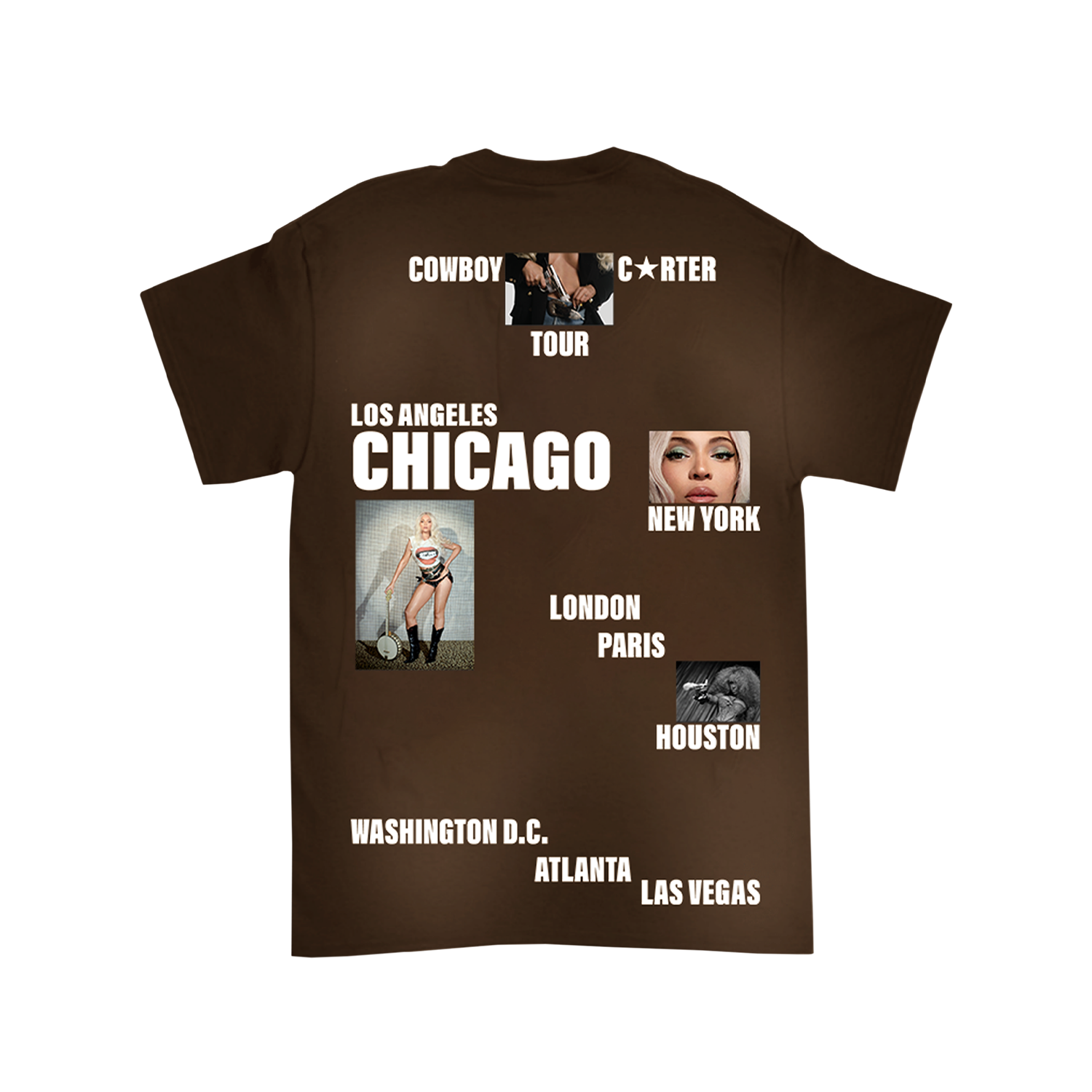 Brown CHI Web Exclusive tee with Cowboy Carter tour cities and photo graphics, Beyoncé merch back view