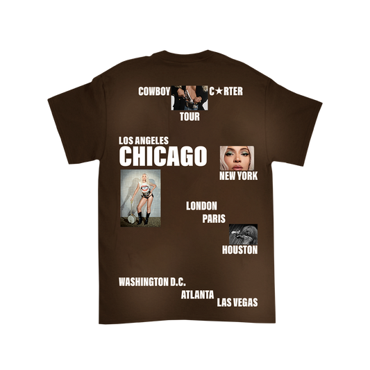 Brown CHI Web Exclusive tee with Cowboy Carter tour cities and photo graphics, Beyoncé merch back view