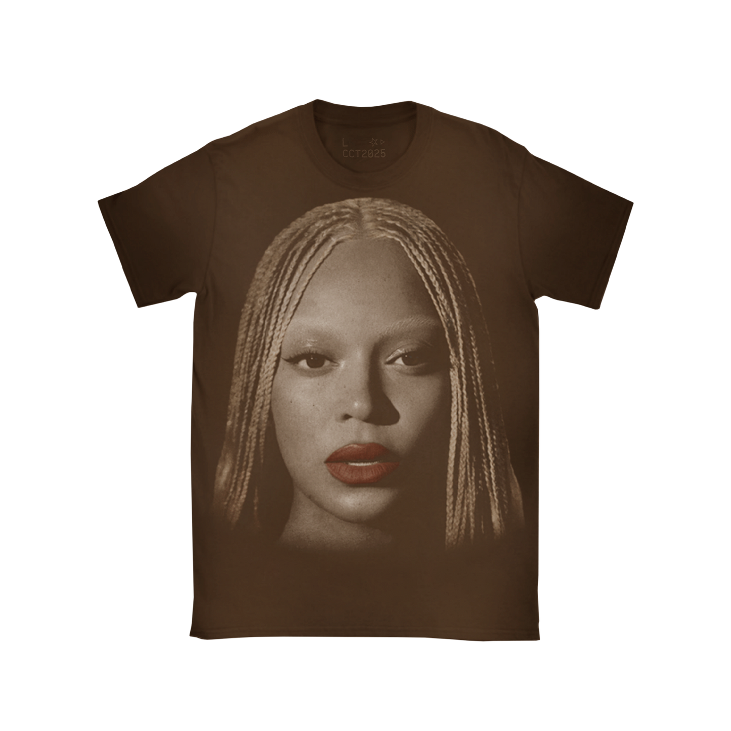 Brown CHI Web Exclusive tee with Beyoncé portrait graphic, Cowboy Carter merch front view