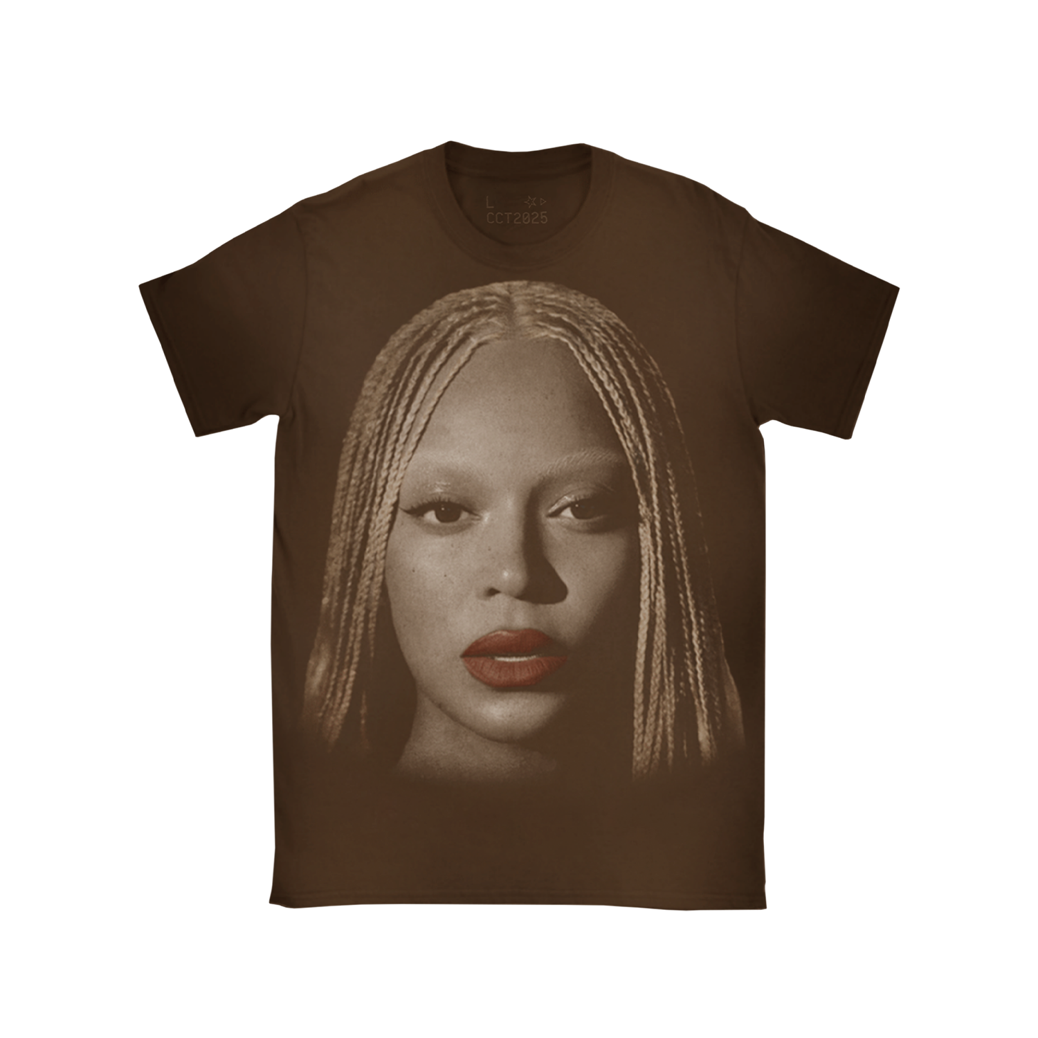 Brown CHI Web Exclusive tee with Beyoncé portrait graphic, Cowboy Carter merch front view