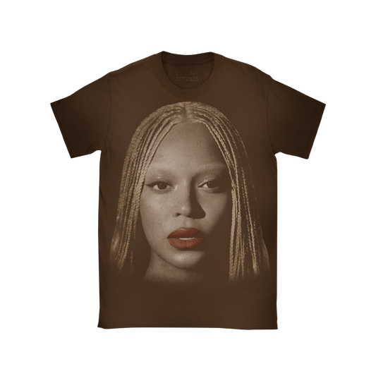 Brown CHI Web Exclusive tee with Beyoncé portrait graphic, Cowboy Carter merch front view