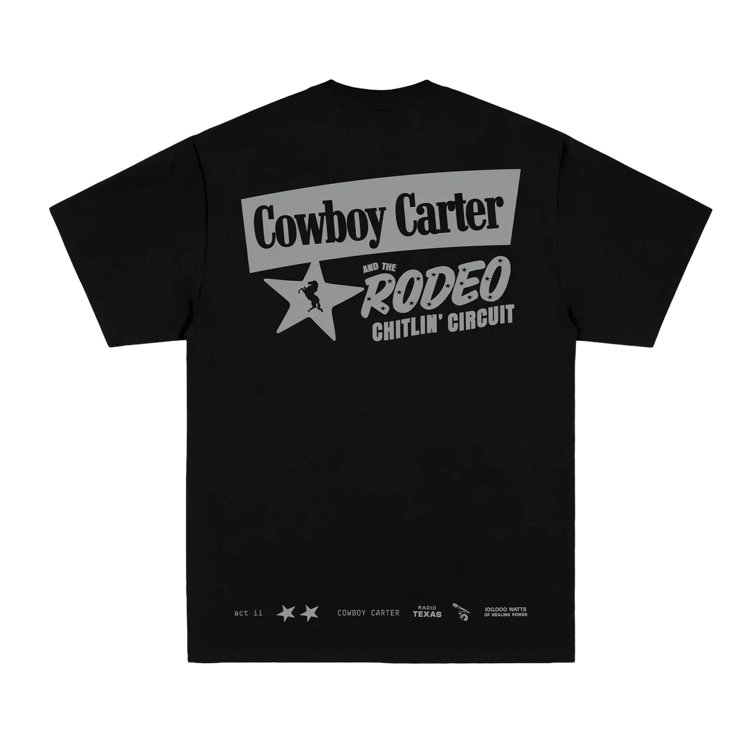 Black Beyoncé merch Cowboy Carter tee back view with rodeo circuit text and western star graphic
