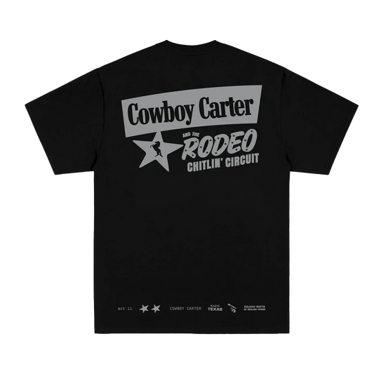 Black Beyoncé merch Cowboy Carter tee back view with rodeo circuit text and western star graphic