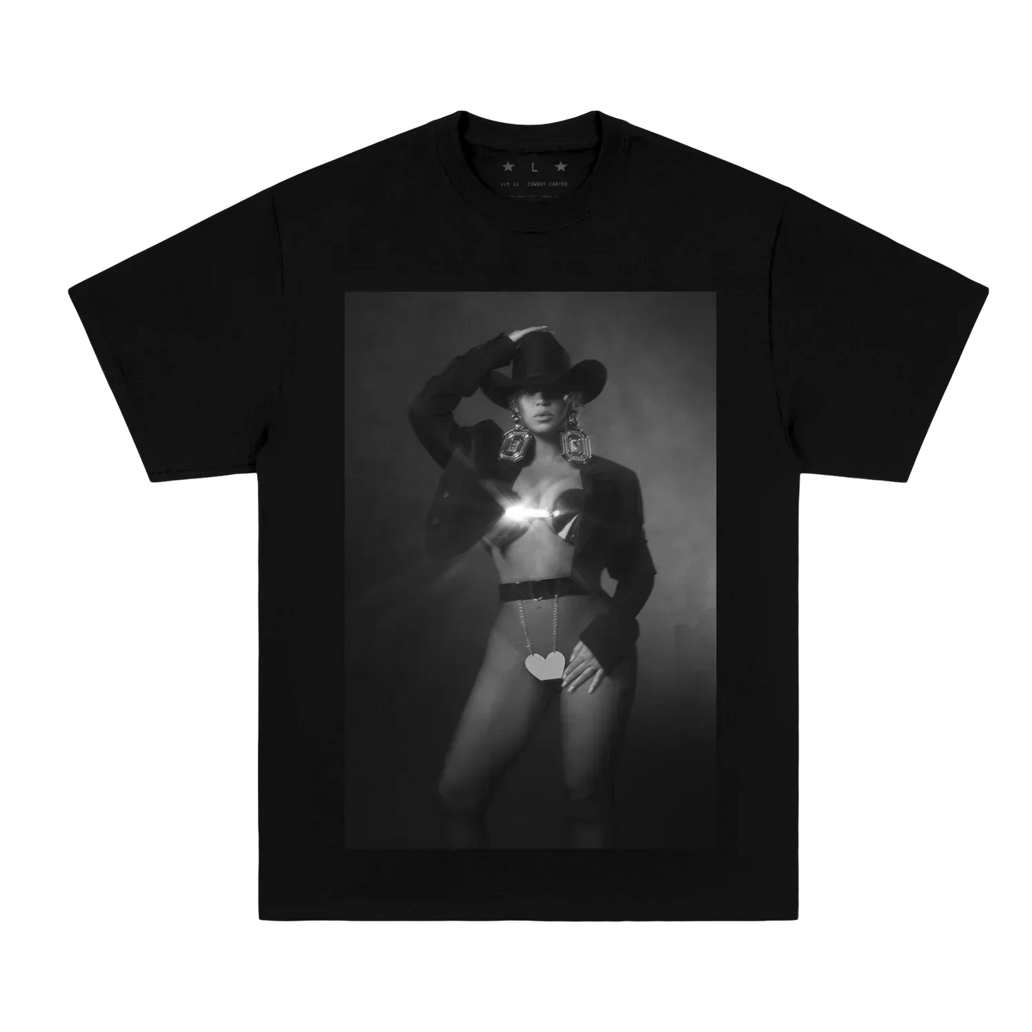 Black Beyoncé merch Cowboy Carter tee front view with monochrome portrait graphic and western styling
