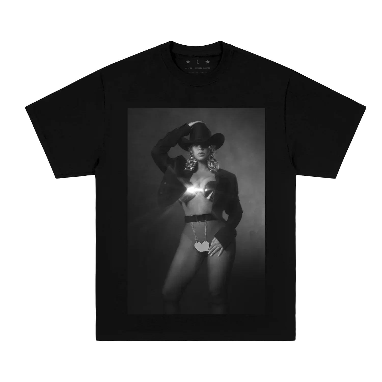 Black Beyoncé merch Cowboy Carter tee front view with monochrome portrait graphic and western styling
