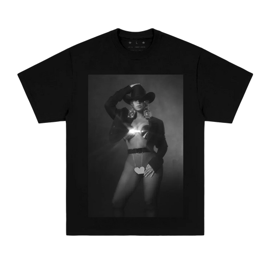 Black Beyoncé merch Cowboy Carter tee front view with monochrome portrait graphic and western styling
