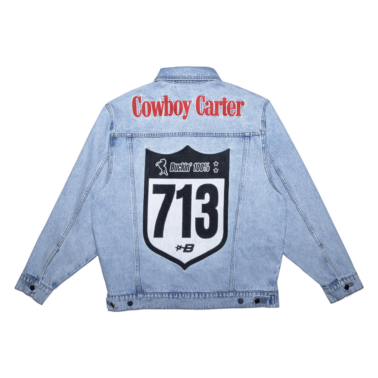 Cowboy Carter light blue denim jacket with 713 back graphic, Beyoncé merch back view