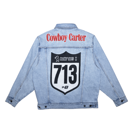 Cowboy Carter light blue denim jacket with 713 back graphic, Beyoncé merch back view