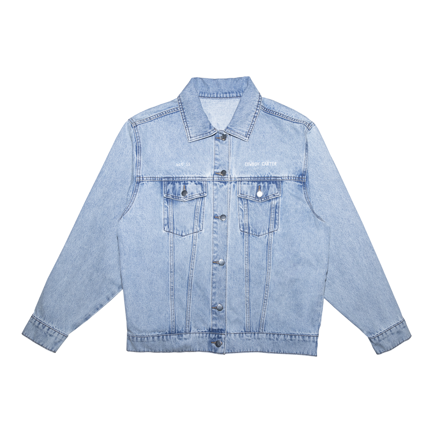 Cowboy Carter light blue denim jacket with chest embroidery, Beyoncé merch front view