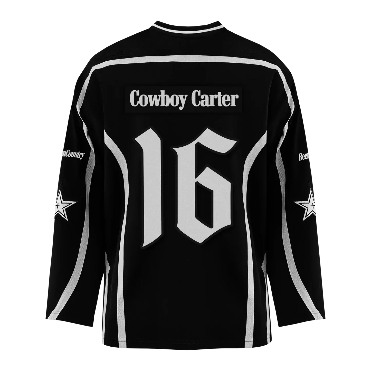 Beyoncé Cowboy Carter black hockey jersey back with number 16 graphic and star sleeve details