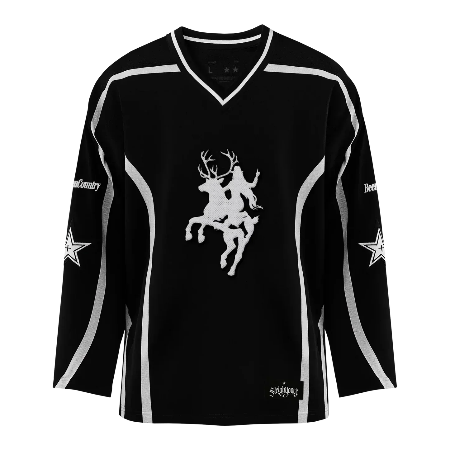 Beyoncé Cowboy Carter black hockey jersey close front view with white riding figure and contrast piping
