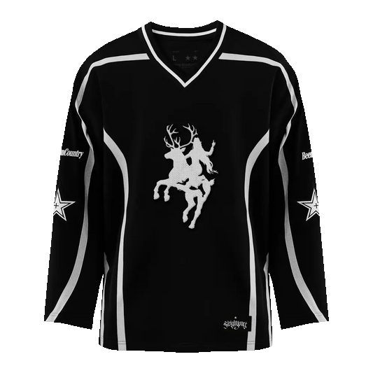 Beyoncé Cowboy Carter black hockey jersey front with white riding figure graphic and star sleeve details