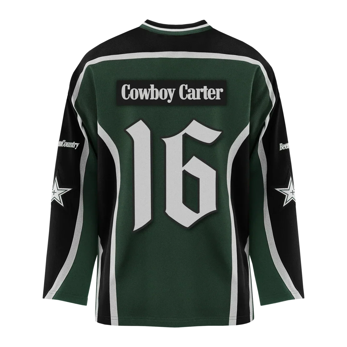 Beyoncé Cowboy Carter green hockey jersey back view with number 16 and Cowboy Carter lettering