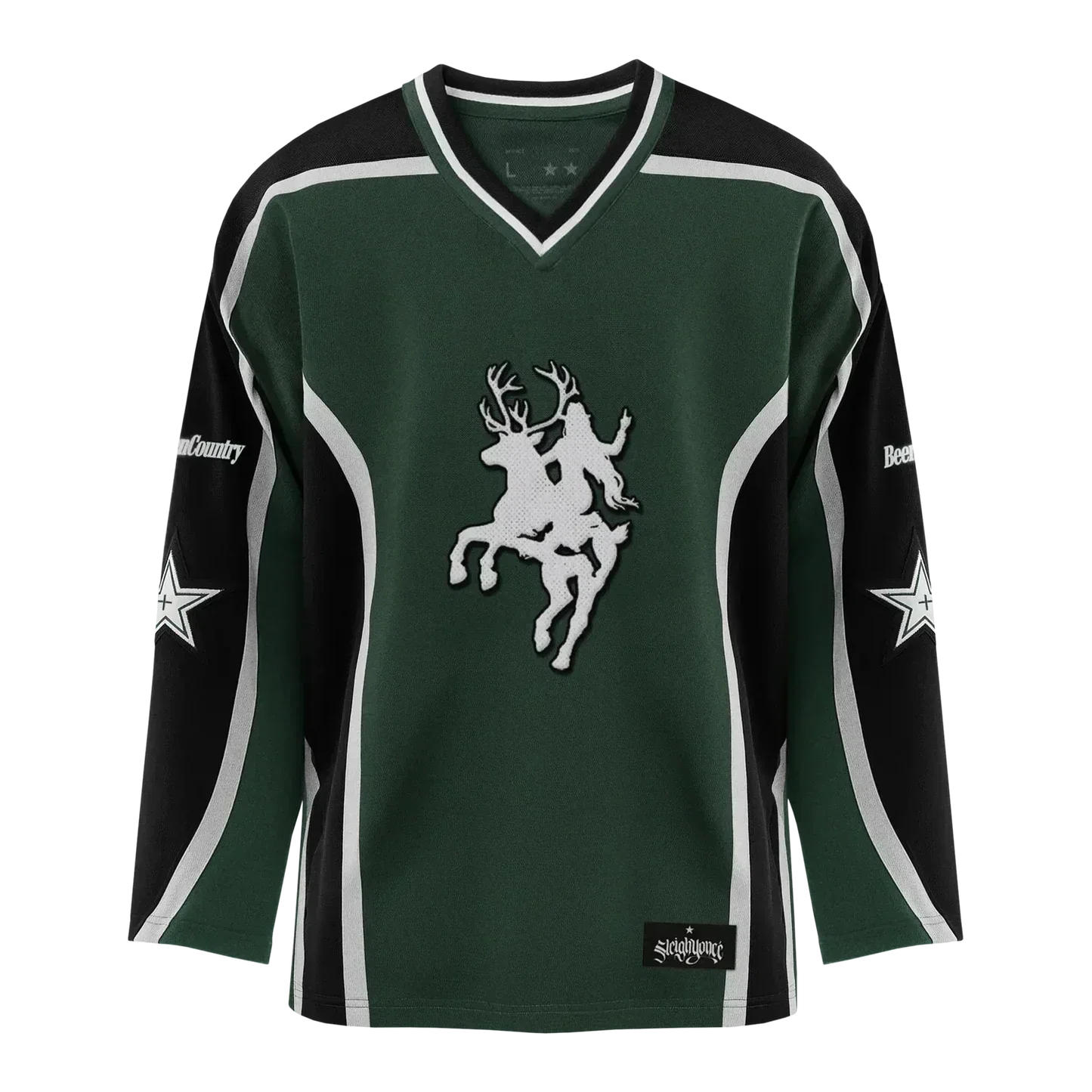 Beyoncé Cowboy Carter green hockey jersey front close view with white horse rider chest graphic