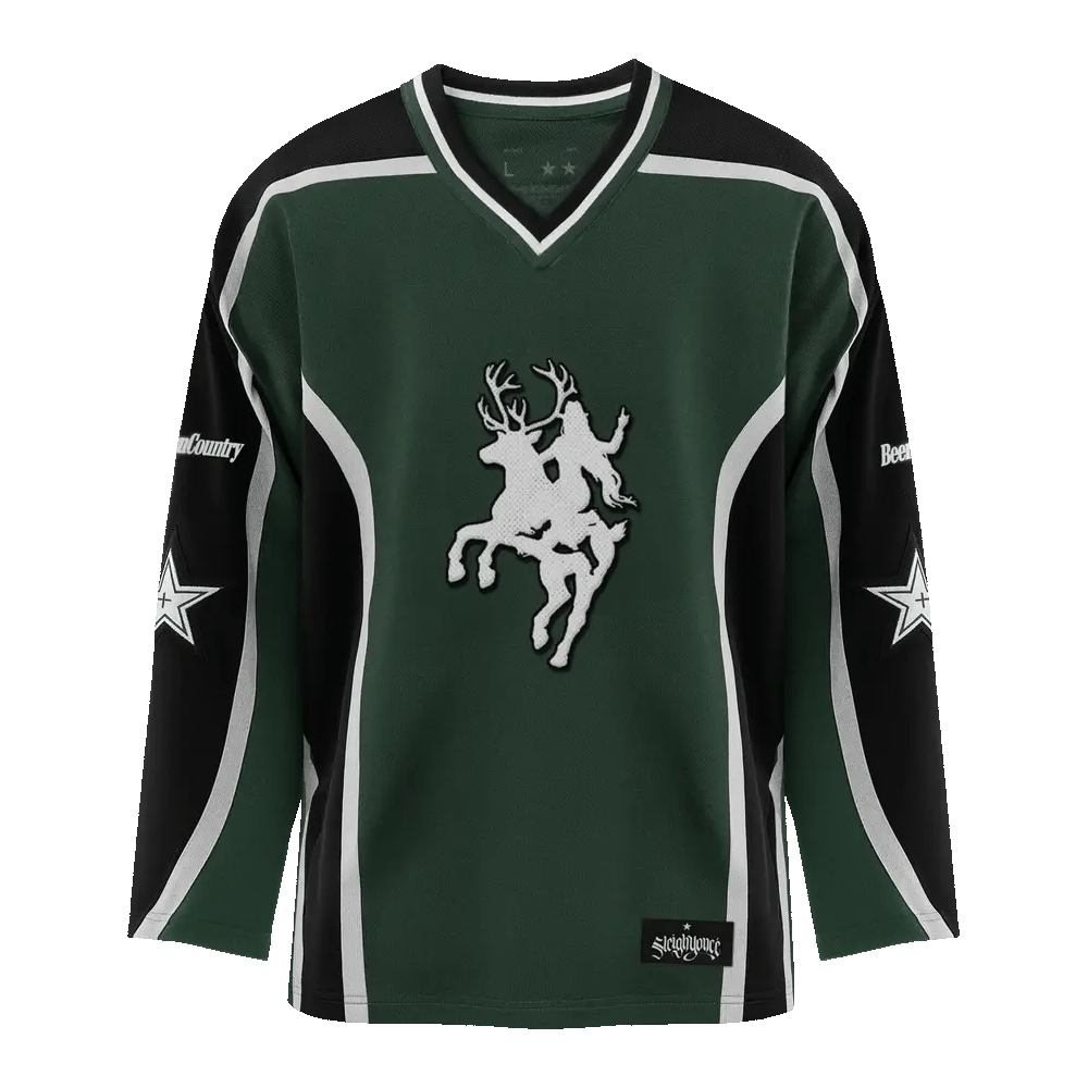 Beyoncé Cowboy Carter green hockey jersey front view with horse rider graphic and black sleeves
