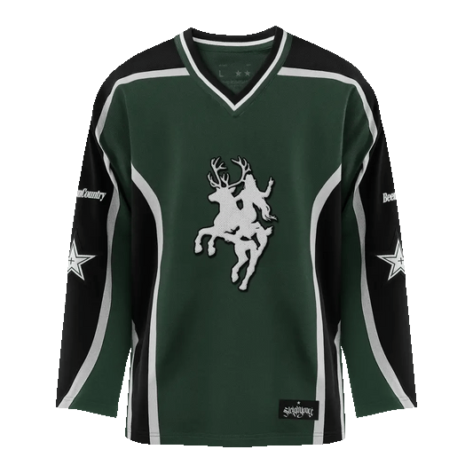 Beyoncé Cowboy Carter green hockey jersey front view with horse rider graphic and black sleeves