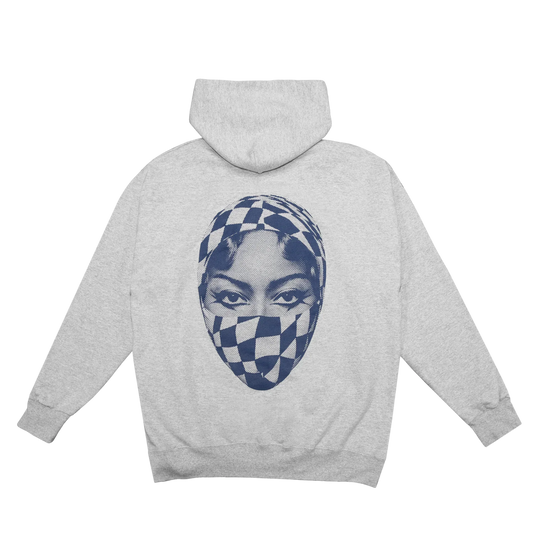 Beyoncé Cowboy Carter grey hoodie back with blue checkered face graphic design