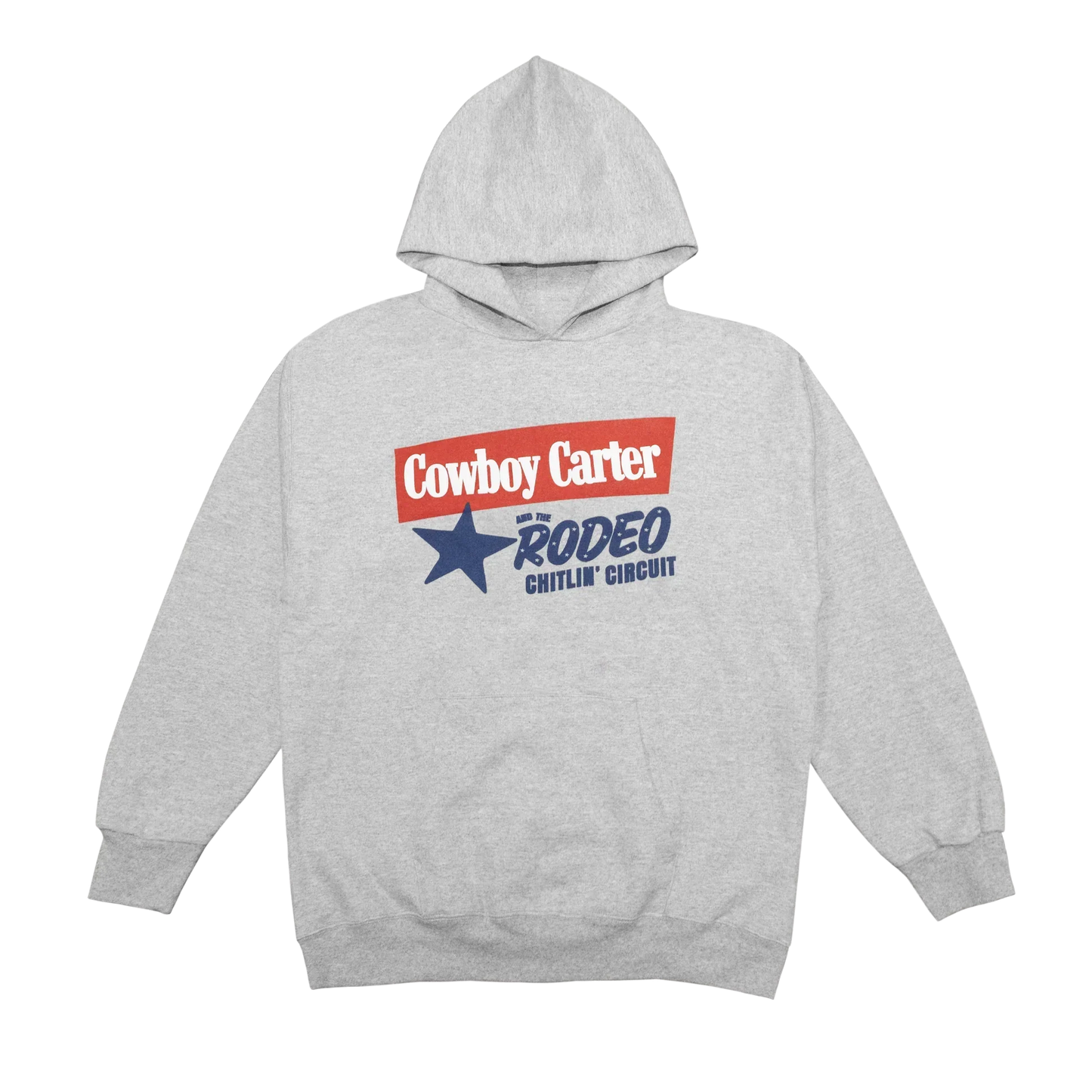 Beyoncé Cowboy Carter grey hoodie front with Rodeo Chitlin Circuit logo and star graphic