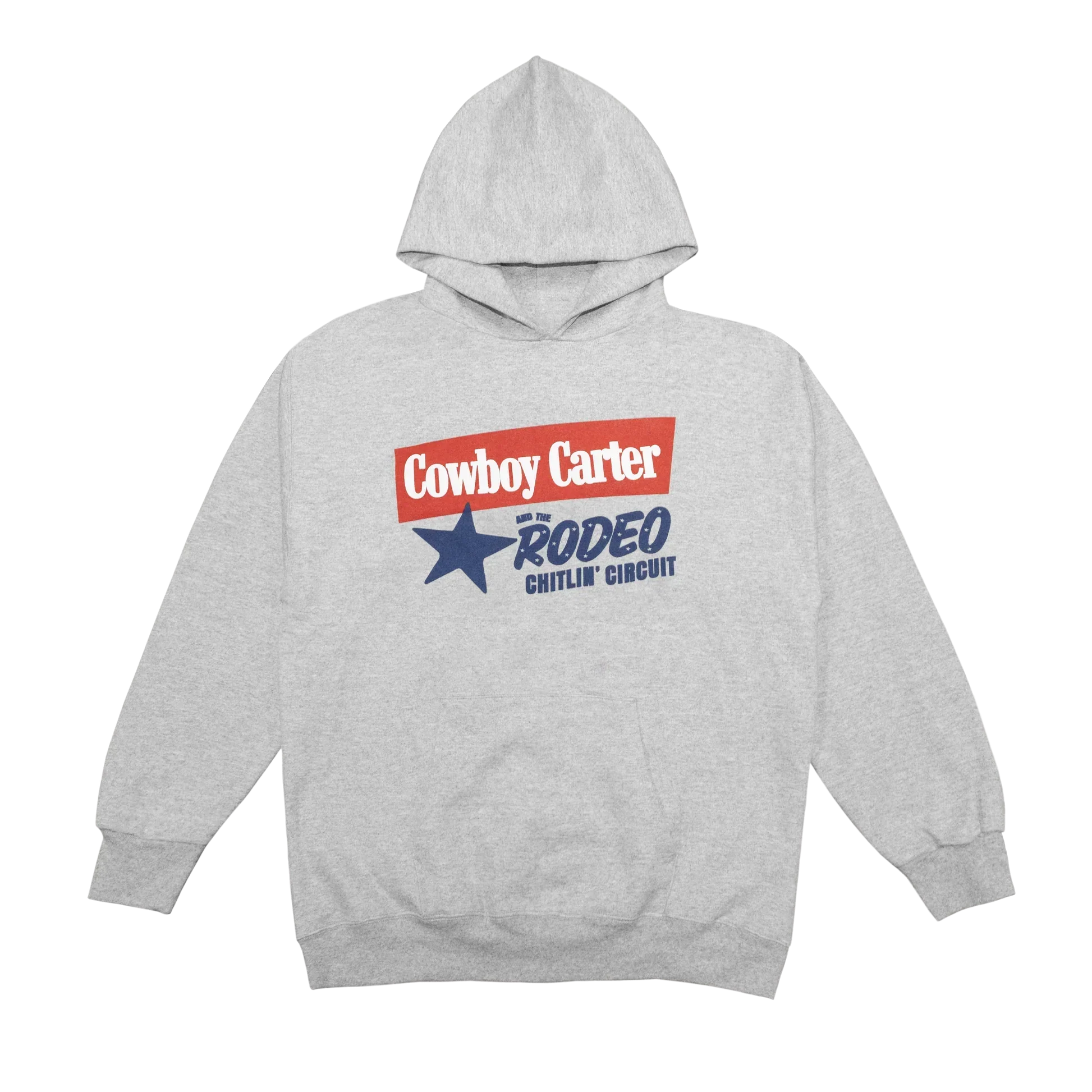 Beyoncé Cowboy Carter grey hoodie front with Rodeo Chitlin Circuit logo and star graphic
