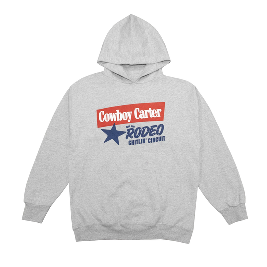 Beyoncé Cowboy Carter grey hoodie front with Rodeo Chitlin Circuit logo and star graphic
