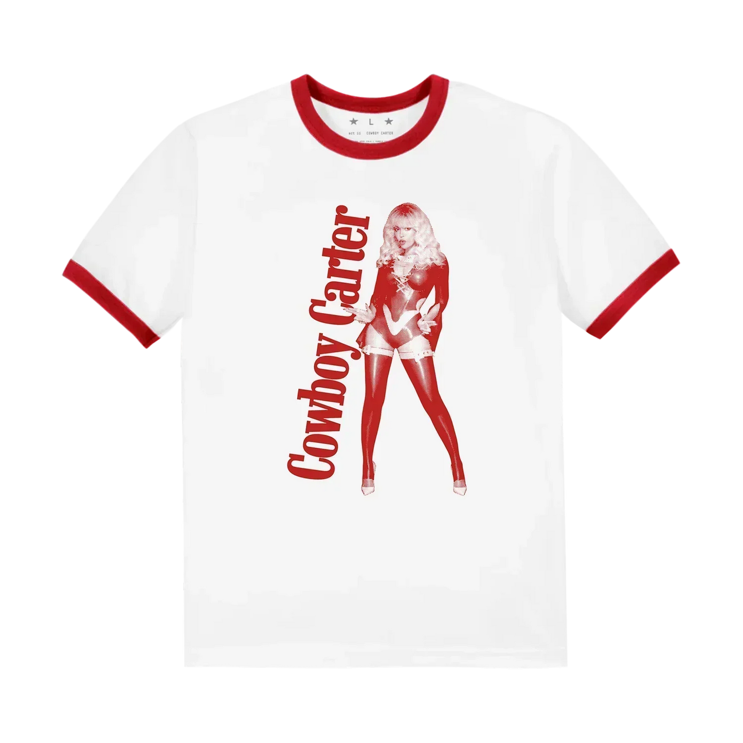 Beyoncé Cowboy Carter red ringer tee front with red portrait graphic and matching collar and sleeve trim
