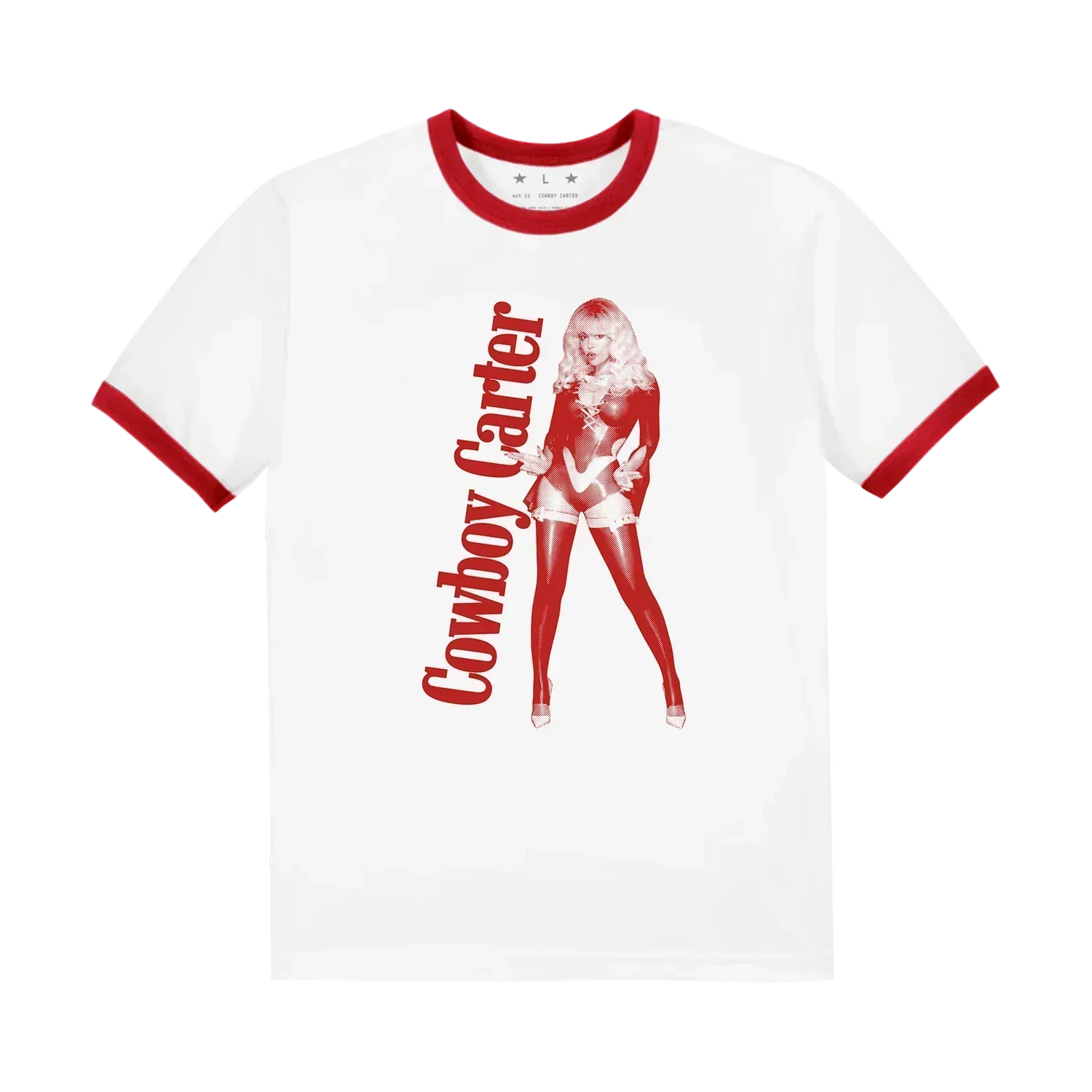 Beyoncé Cowboy Carter red ringer tee front with red portrait graphic and matching collar and sleeve trim