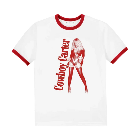 Beyoncé Cowboy Carter red ringer tee front with red portrait graphic and matching collar and sleeve trim