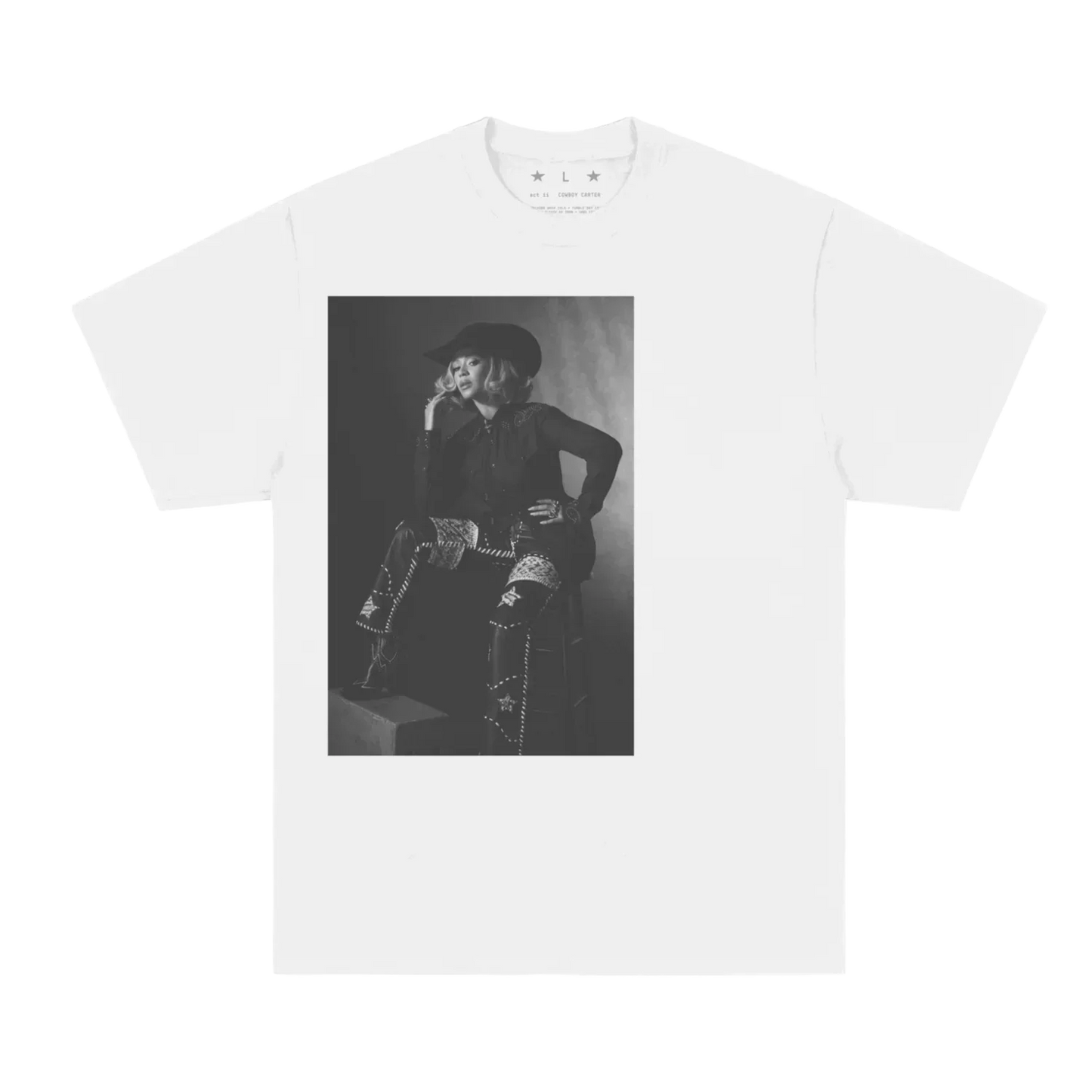 Beyoncé Cowboy Carter white short sleeve tee front with black and white western portrait graphic