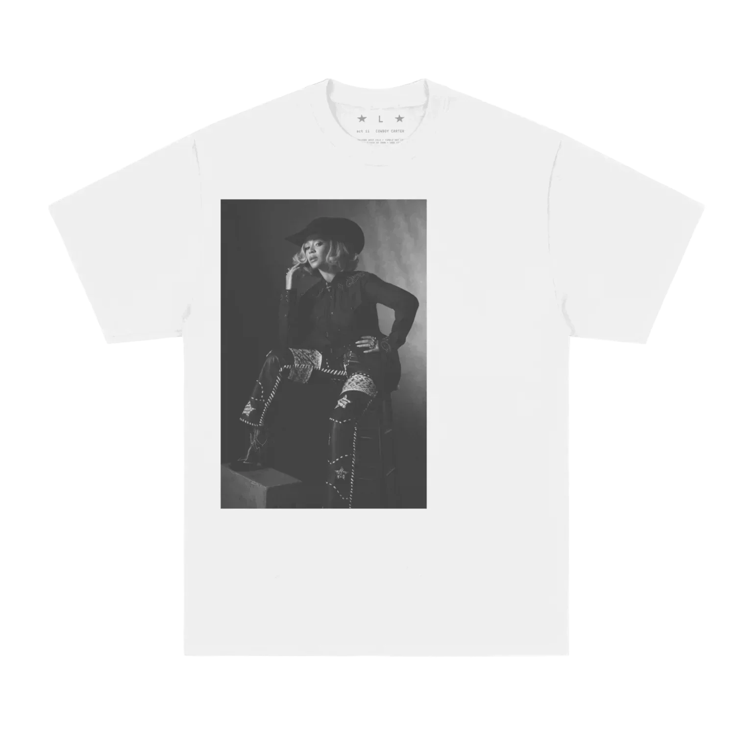 Beyoncé Cowboy Carter white short sleeve tee front with black and white western portrait graphic