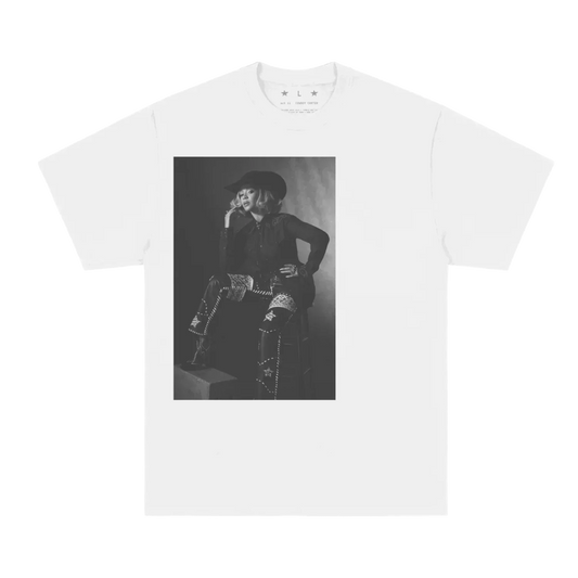 Beyoncé Cowboy Carter white short sleeve tee front with black and white western portrait graphic