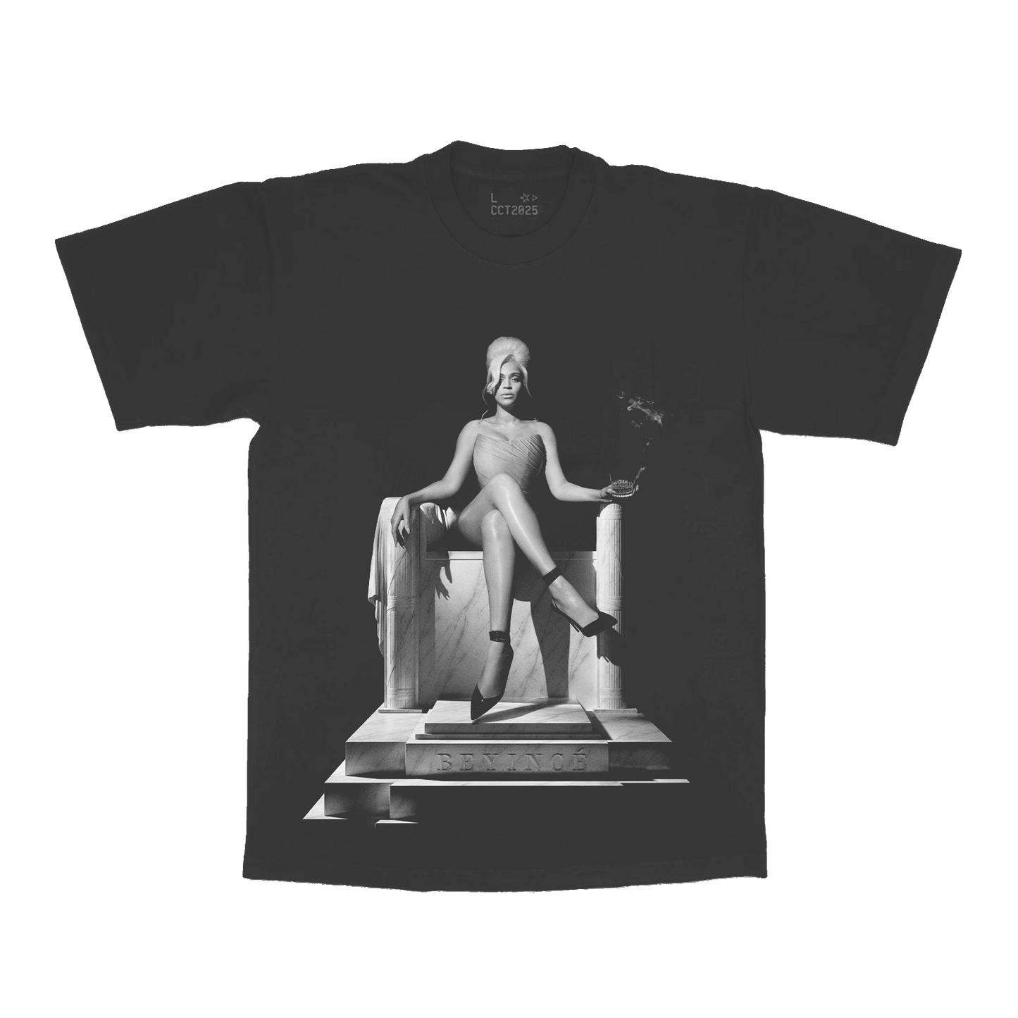 Grey Beyoncé merch DC web exclusive tee front view with black and white throne portrait graphic
