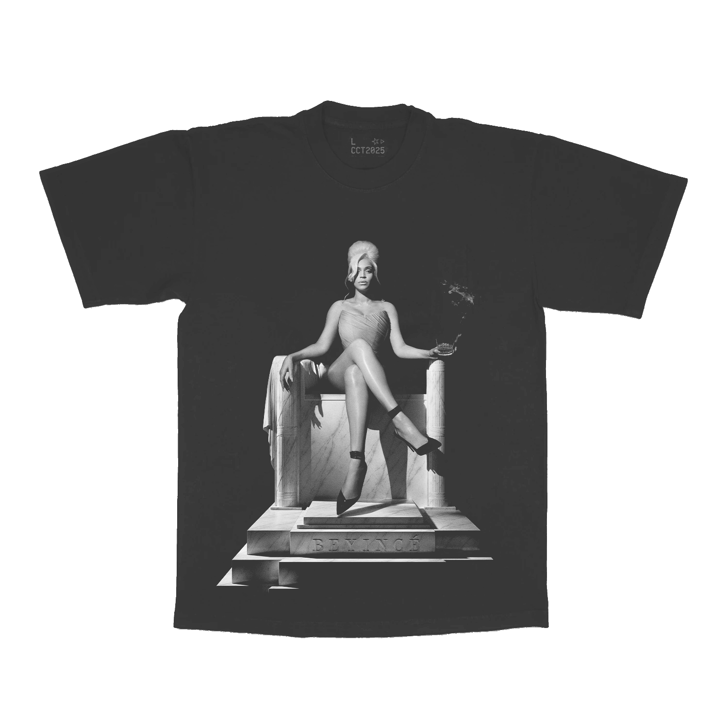 Grey Beyoncé merch DC web exclusive tee front view with black and white throne portrait graphic
