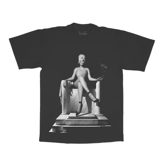 Grey Beyoncé merch DC web exclusive tee front view with black and white throne portrait graphic
