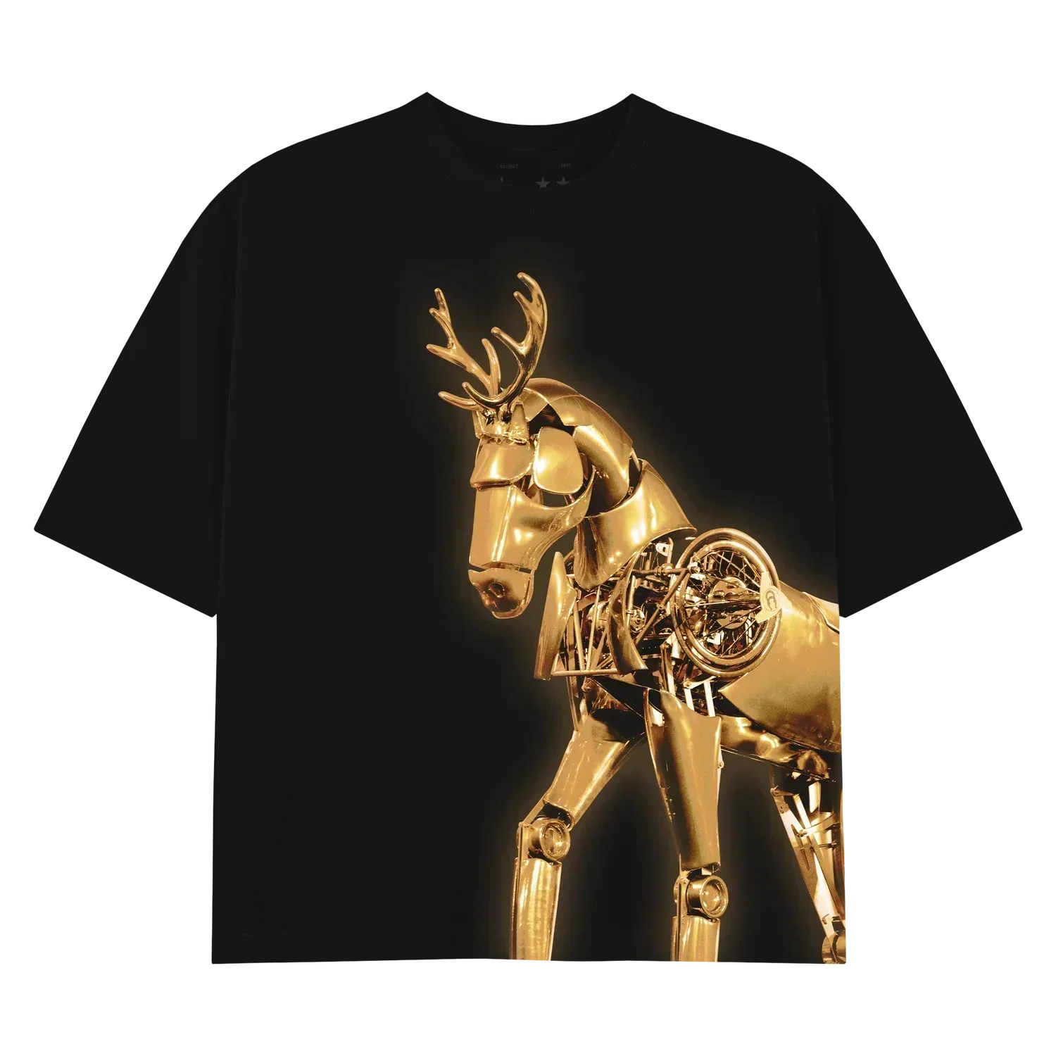 Gold Reindeer black tee with oversized metallic reindeer print, Beyoncé merch front view