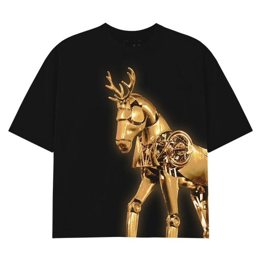 Gold Reindeer black tee with oversized metallic reindeer print, Beyoncé merch front view