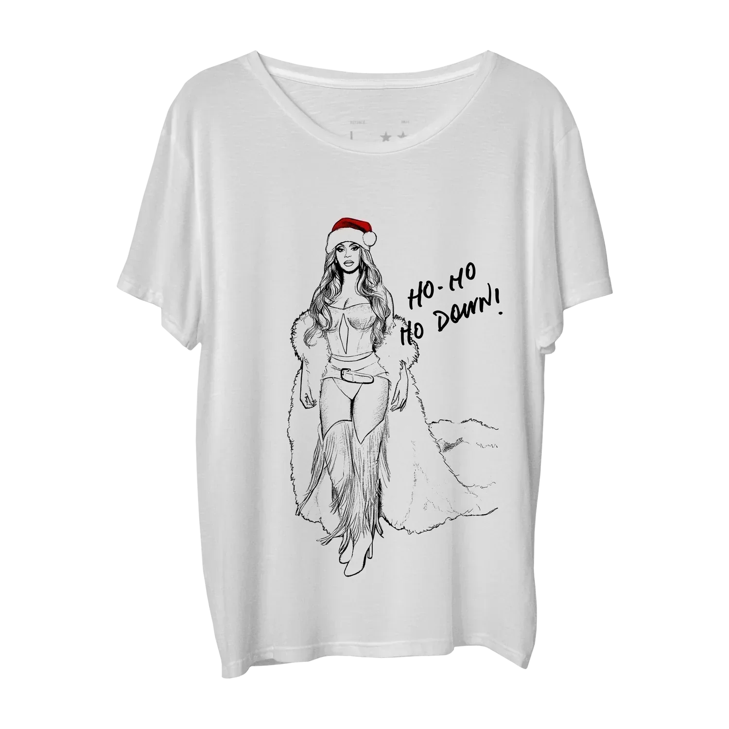 Beyoncé Hodown white tee front with holiday cowboy illustration and Ho Ho Ho Down text