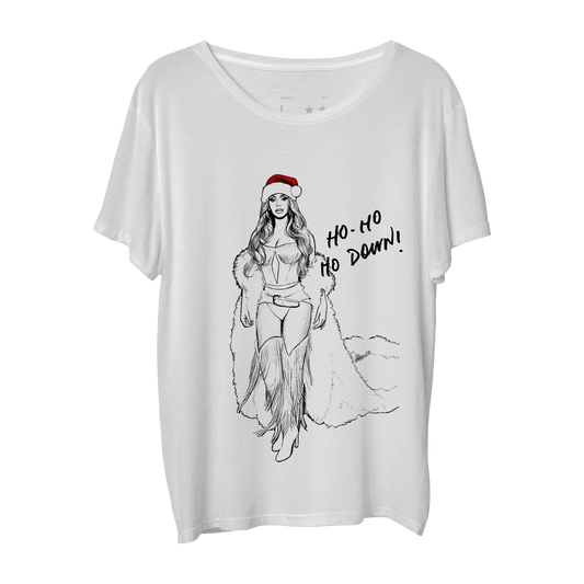 Beyoncé Hodown white tee front with holiday cowboy illustration and Ho Ho Ho Down text