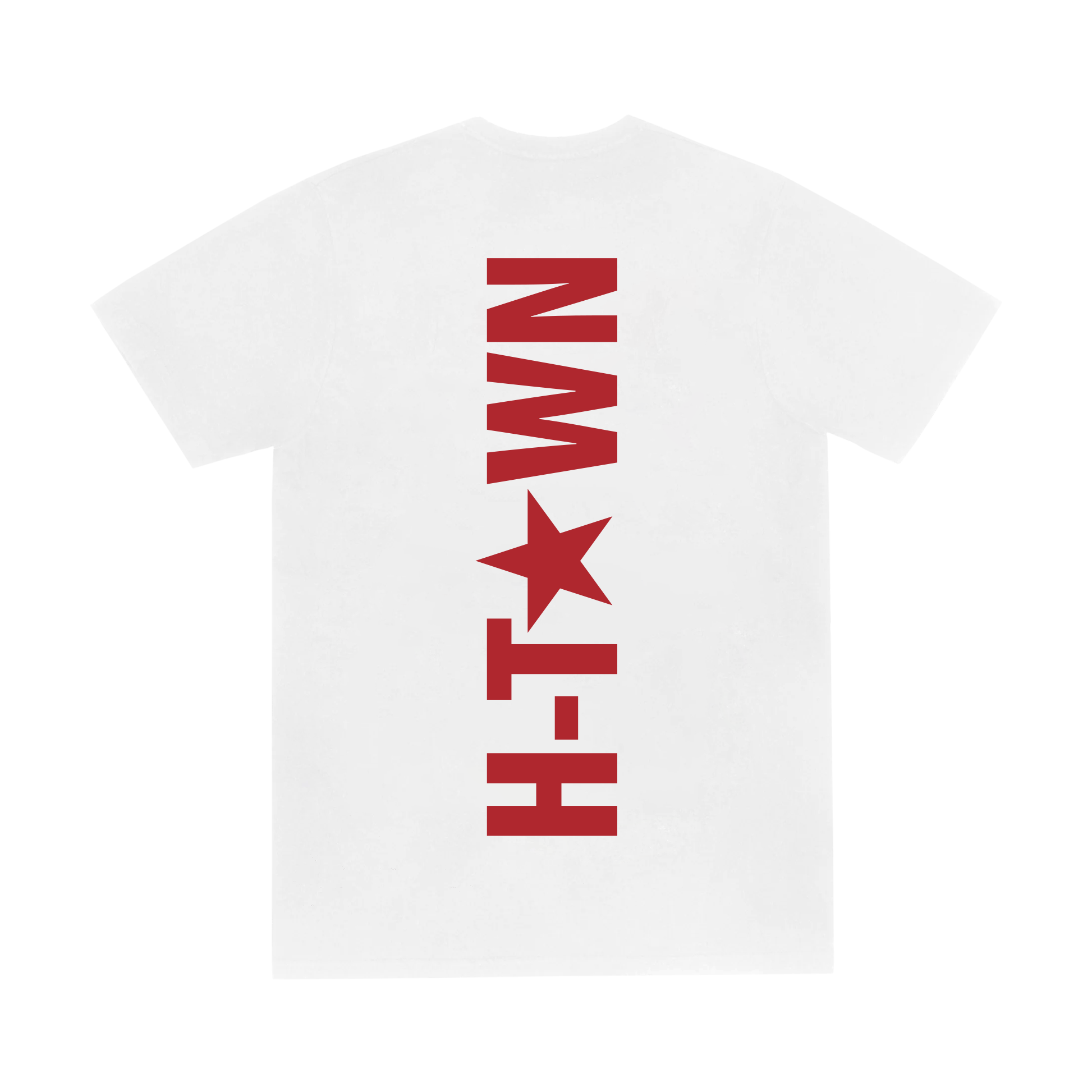 White Beyoncé merch HTX web exclusive tee back view with bold red vertical HTX star lettering