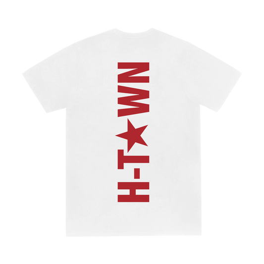 White Beyoncé merch HTX web exclusive tee back view with bold red vertical HTX star lettering