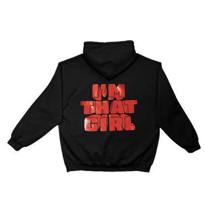 Beyoncé I’m That Girl hoodie front with black fabric and bold red Renaissance-inspired text graphic
